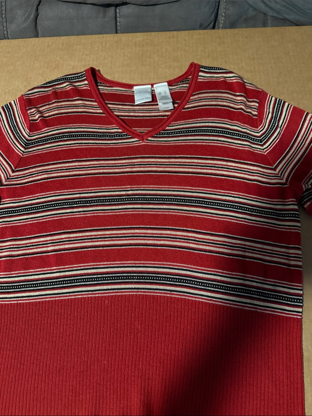 Emma James Red Striped V-Neck Sweater with Black & Cream Accents